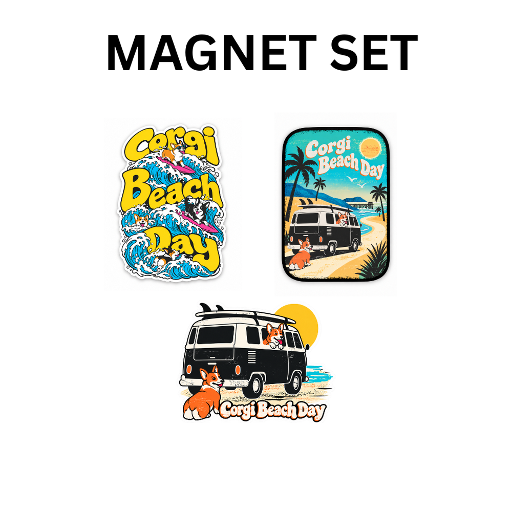 2026 Fall Corgi Beach Day Magnet Set — So Cal Corgi Nation
